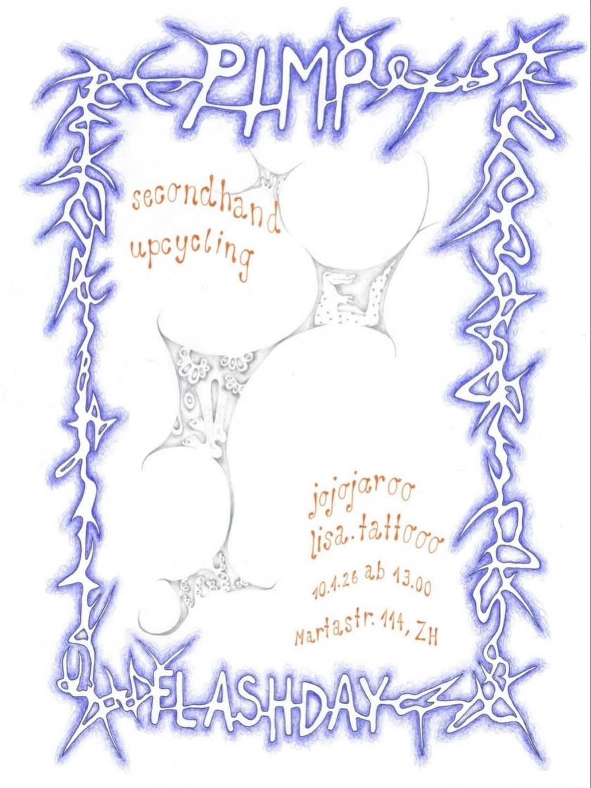 Handgezeichneter Flyer zum PIMP Flashday mit blauem Rahmen, 10. Januar 2026 ab 13 Uhr