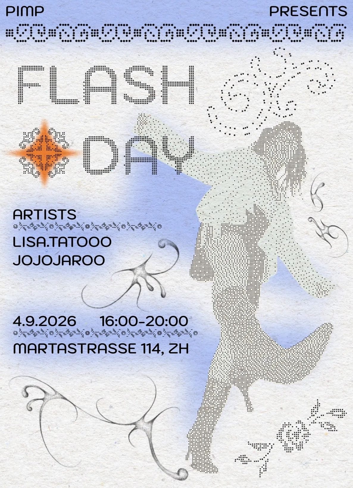 Flyer zum PIMP Flashday mit gepunkteter Schrift und Tänzerin, 4. September 2026, 16 bis 20 Uhr