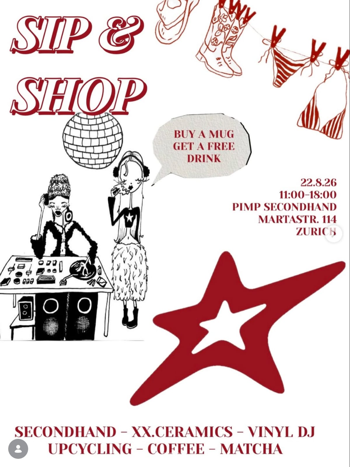 Flyer zum Sip & Shop am 22. August 2026 mit gezeichnetem DJ-Pult und rotem Stern